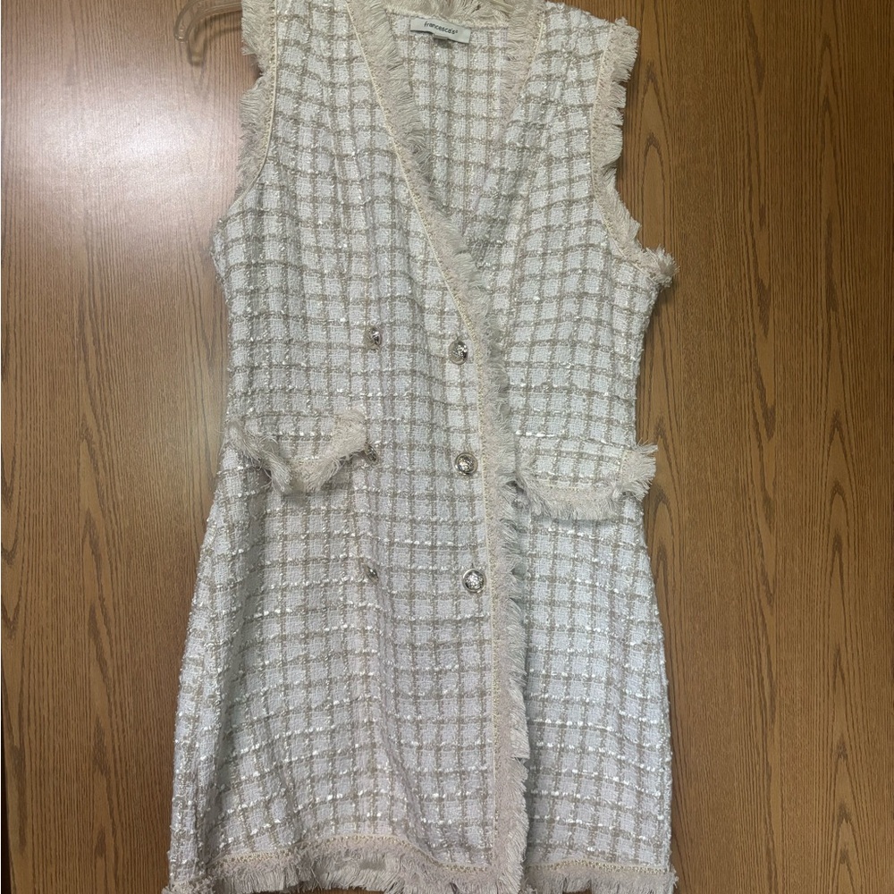 Francesca's Pink & Ivory Fringe Tweed Vest
